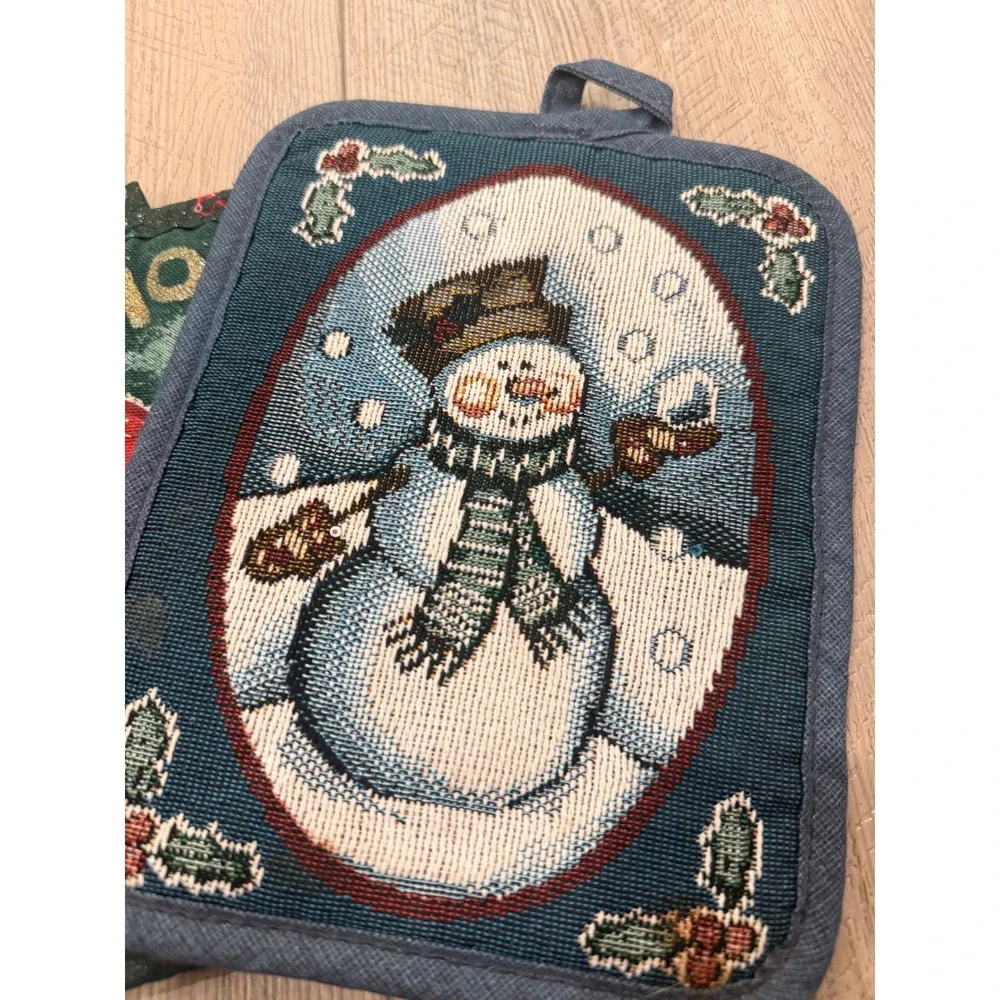 Vintage Christmas Potholder Set Snowman Tapestry & Santa Hat Cooking 2pc Holiday